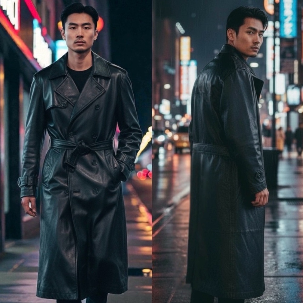 Vintage 90s-Y2K Long Black Belted Leather Trench Coat Removable Liner Y3K Vibes